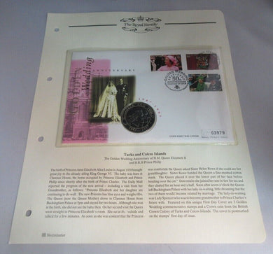 1947-1997 GOLDEN WEDDING ANNIVERSARY 5 CROWNS COIN FIRST DAY COVER PNC & INFO