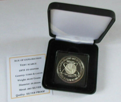 1975 AGE OF EXPLORATION TURKS & CAICOS TEN CROWNS SILVER PROOF VERY SCARCE