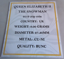 Load image into Gallery viewer, 2019 THE SNOWMAN QEII BUNC 50P FIFTY PENCE COIN WITH QUAD CAPSULE &amp; COA
