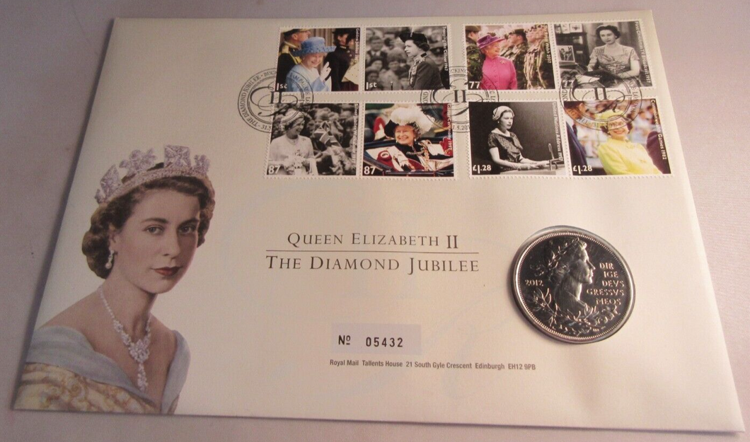 2012 HM QUEEN ELIZABETH II DIAMOND JUBILEE BUNC £5 COMMEMORATIVE COIN COVER PNC