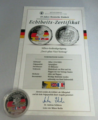 20 YEARS OF GERMAN UNITY TWO PLUS FOUR CONTRACT 1991 SILVER PROOF MEDAL WITH COA