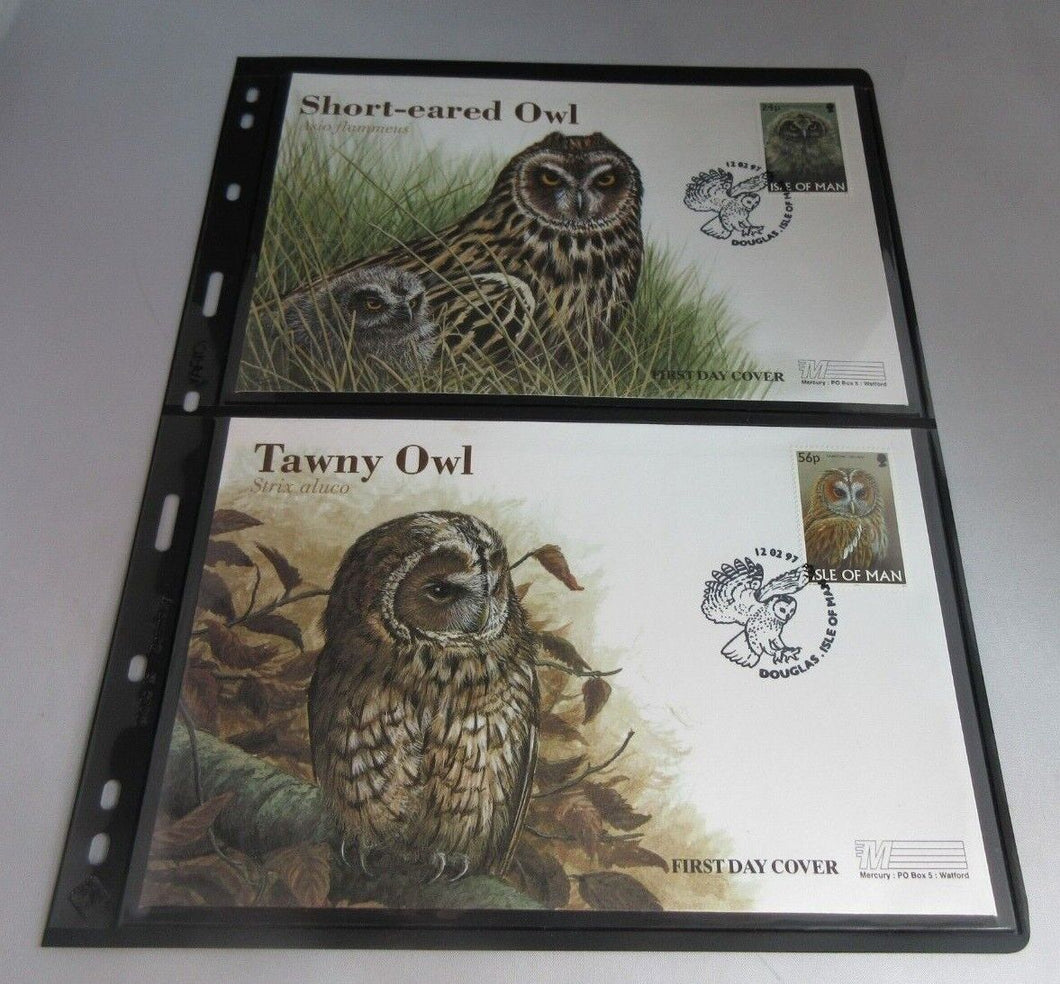 1997 SHORT-EARED OWL & TAWNY OWL PAIR OF FIRST DAY COVERS IOM STAMPS ALBUM SHEET