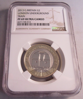 2013 UK LONDON UNDERGROUND TRAIN PF69 ULTRA CAMEO NGC SLABBED COIN