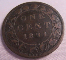 Load image into Gallery viewer, 1891 CANADA ONE CENT COIN LARGE LEAF VF-EF PRESENTED IN CLEAR FLIP

