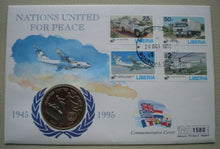 Load image into Gallery viewer, 1945-1995 NATIONS UNITED FOR PEACE LIBERIA 1 DOLLAR COMMEMORATIVE COIN COVER PNC
