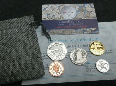 1975 PROOF 5 COIN SET IN MONEY BAG BARBADOS COINS BY JOHN PINCHES $1 TO 1 CENT