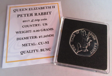 2017 PETER RABBIT QEII BUNC 50P FIFTY PENCE COIN QUAD CAPSULE & COA