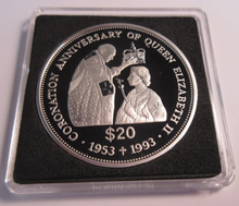 Load image into Gallery viewer, 1993 CORONATION ANNIVERSARY OF QUEEN ELIZABETH SILVER PROOF $20 COIN BOX &amp; COA
