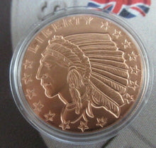 Load image into Gallery viewer, 1 oz .999 Copper Golden State Mint USA Eagle Incuse Indian Medallion in Capsule

