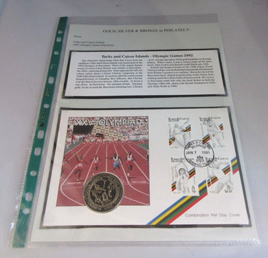 1992 OLYMPIC GAMES TURKS & CAICOS BUNC FIVE CROWNS COIN COVER PNC