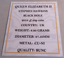 Load image into Gallery viewer, 2019 STEPHEN HAWKINS BLACK HOLE QEII BUNC 50P FIFTY PENCE COIN QUAD CAPSULE &amp;COA
