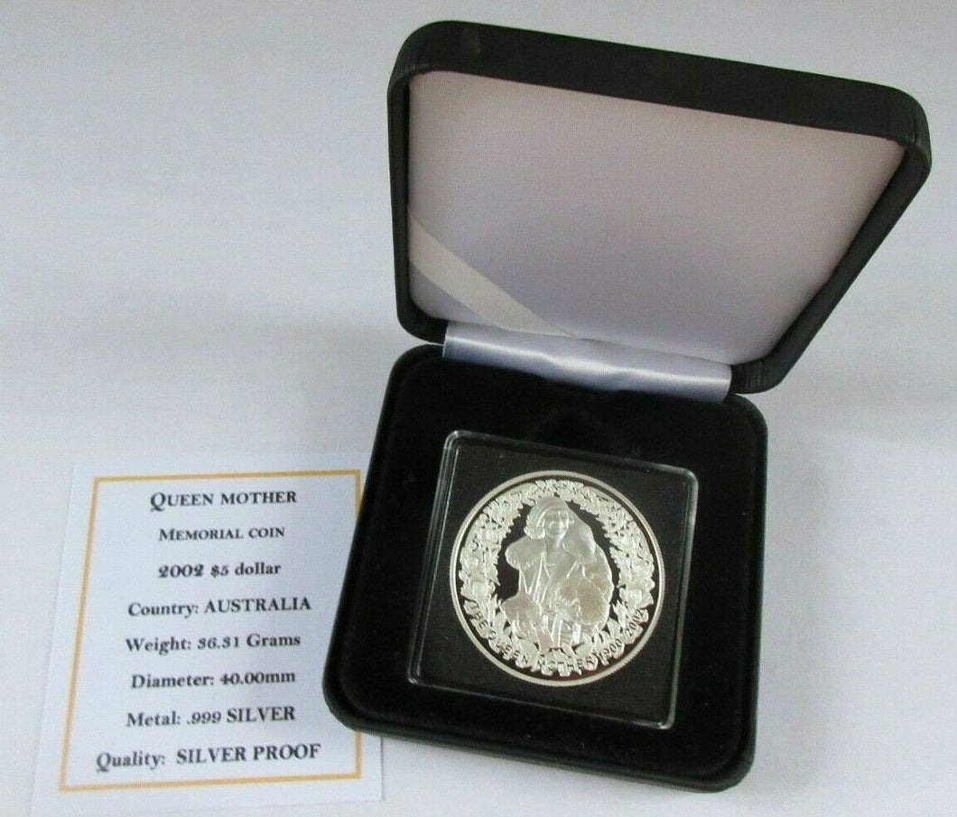 2002 QUEEN ELIZABETH QUEEN MOTHER MEMORIAL COIN .999 S/PROOF $5 COIN BOX & COA