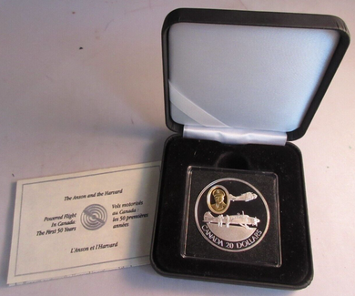 1990 HISTORY OF POWERED FLIGHT ANSON & HARVARD 1oz SILVER PROOF CANADA $20 COIN