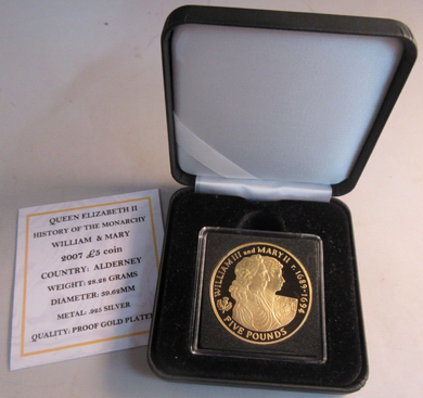 2007 QEII WILLIAM & MARY HISTORY OF THE MONARCHY ALDERNEY S/PROOF £5 COIN BOXCOA