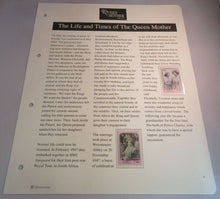 Load image into Gallery viewer, 1900 2002 THE LIFE AND TIMES OF THE QUEEN MOTHER - MNH POSTAGE STAMP INFO SHEETS
