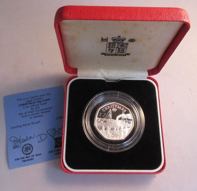 1990 CHRISTMAS 50P FIFTY PENCE SILVER PROOF IOM 50P WITH COA & PRESENTATION BOX