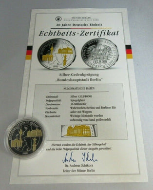 20 YEARS OF GERMAN UNITY CAPITAL BERLIN 1990 SILVER PROOF MEDAL WITH COA