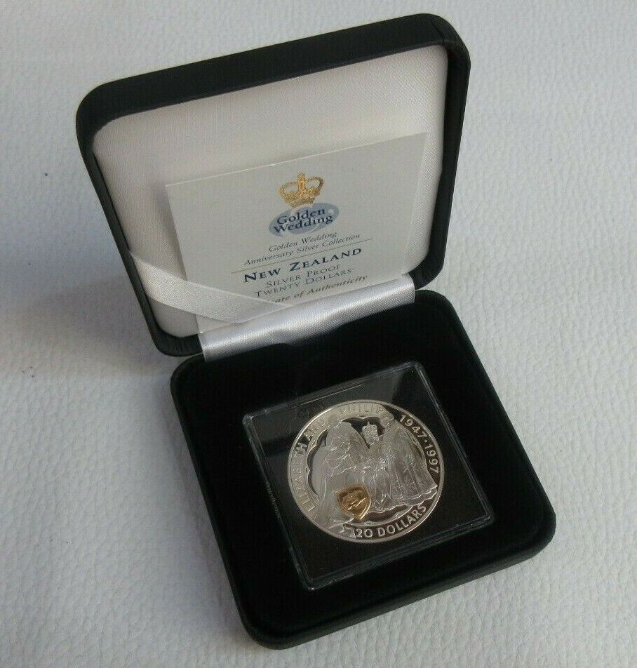 UK 1997 $20 ROYAL MINT QEII & PRINCE PHILIP GOLDEN WEDDING SILVER PROOF box COA