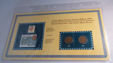 Load image into Gallery viewer, INDIAN HEAD PENNIES ISSUED 1908 &amp; 1909 WITH POSTAGE STAMPS ON ALBUM INFO SHEET
