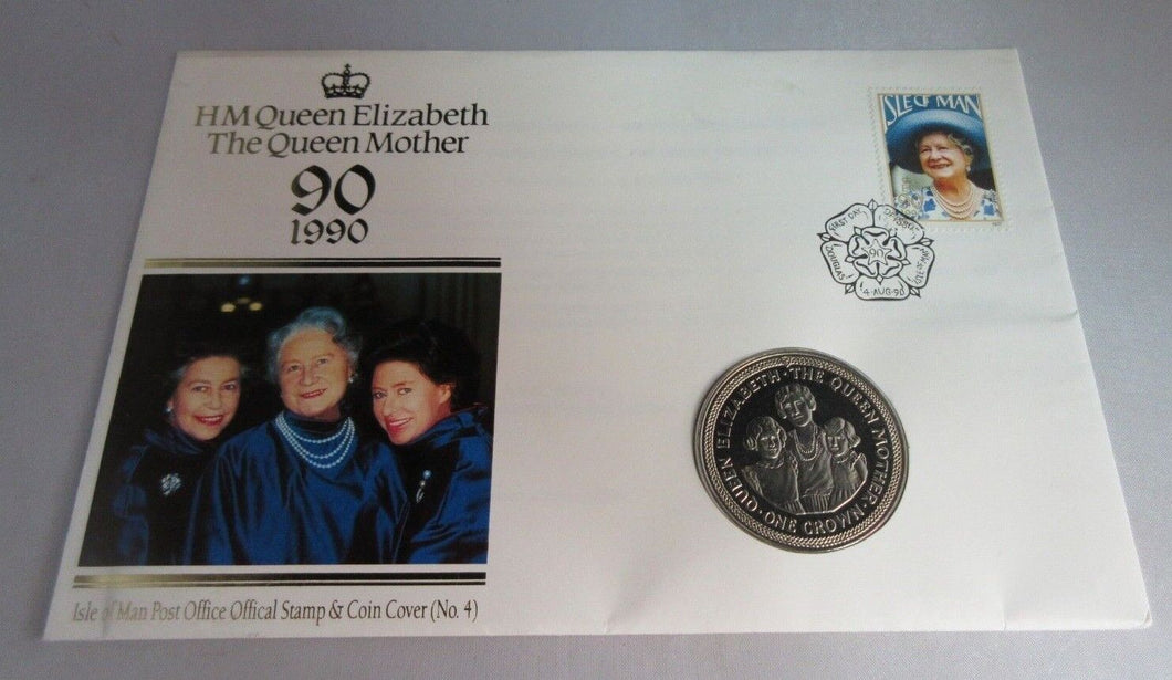 1900-1990 QUEEN ELIZABETH THE QUEEN MOTHER 90 IOM CROWN COIN COVER PNC