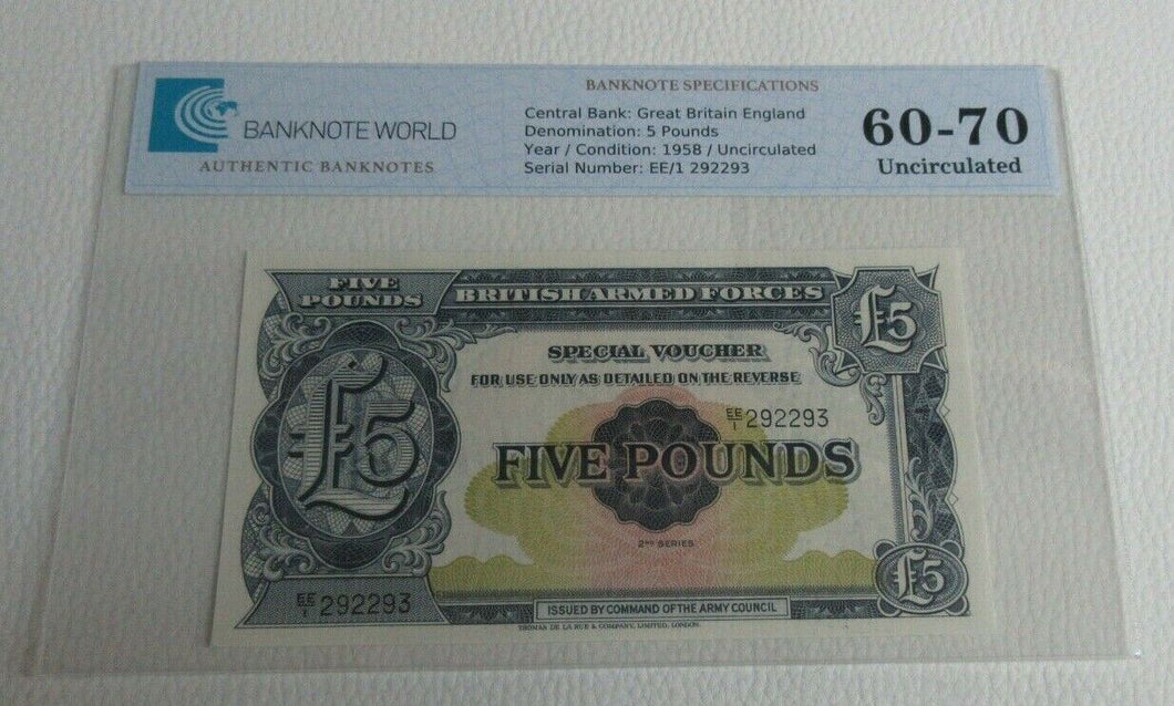 BRITAN ARMED FORCES £5 NOTE Uncirculated 1958 FIVE Pound GRADED 60 - 70