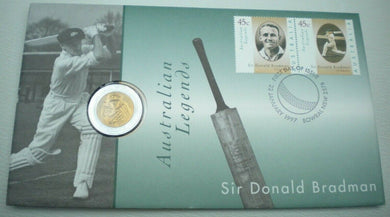 1997 AUSTRALIAN LEGENDS - SIR DONALD BRADMAN 5 DOLLAR COIN COVER PNC, COA, INFO