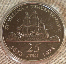 Load image into Gallery viewer, 1673-1973 TERCENTENARY ST HELENA TWENTY FIVE PENCE CROWN COIN IN CLEAR CAPSULE
