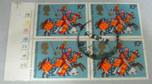 Load image into Gallery viewer, 1974 MEDIEVAL WARRIORS THE BLACK PRINCE 10P BLOCK OF 4 STAMPS  USED
