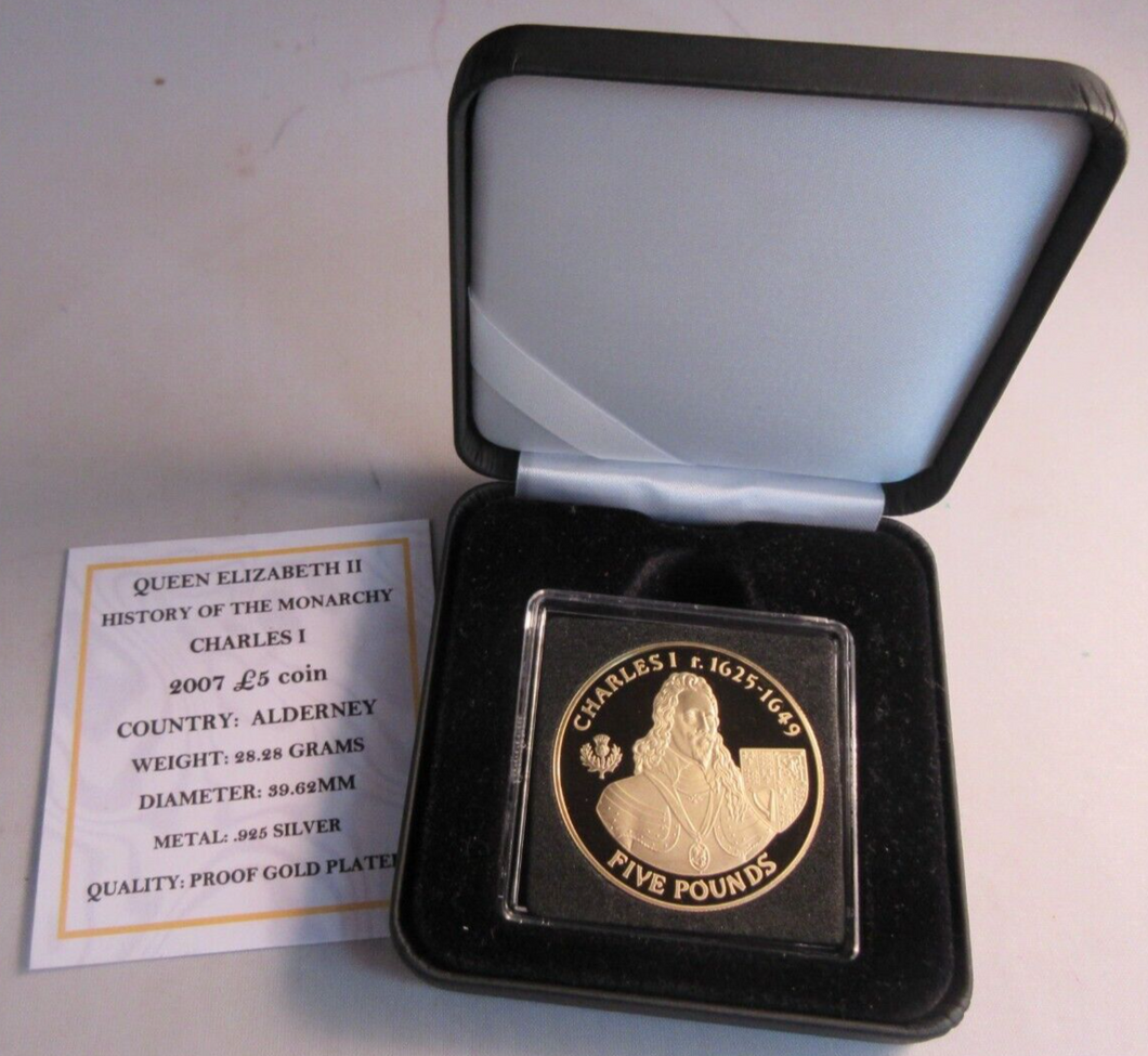 2007 QEII CHARLES I HISTORY OF THE MONARCHY ALDERNEY S/PROOF £5 COIN BOX & COA