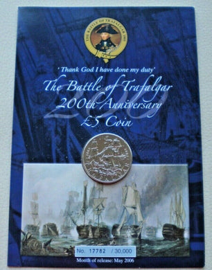1805-2005 BATTLE OF TRAFALGAR 200TH ANNIVERSARY £5 COIN - BUNC £5 COIN/INFO CARD
