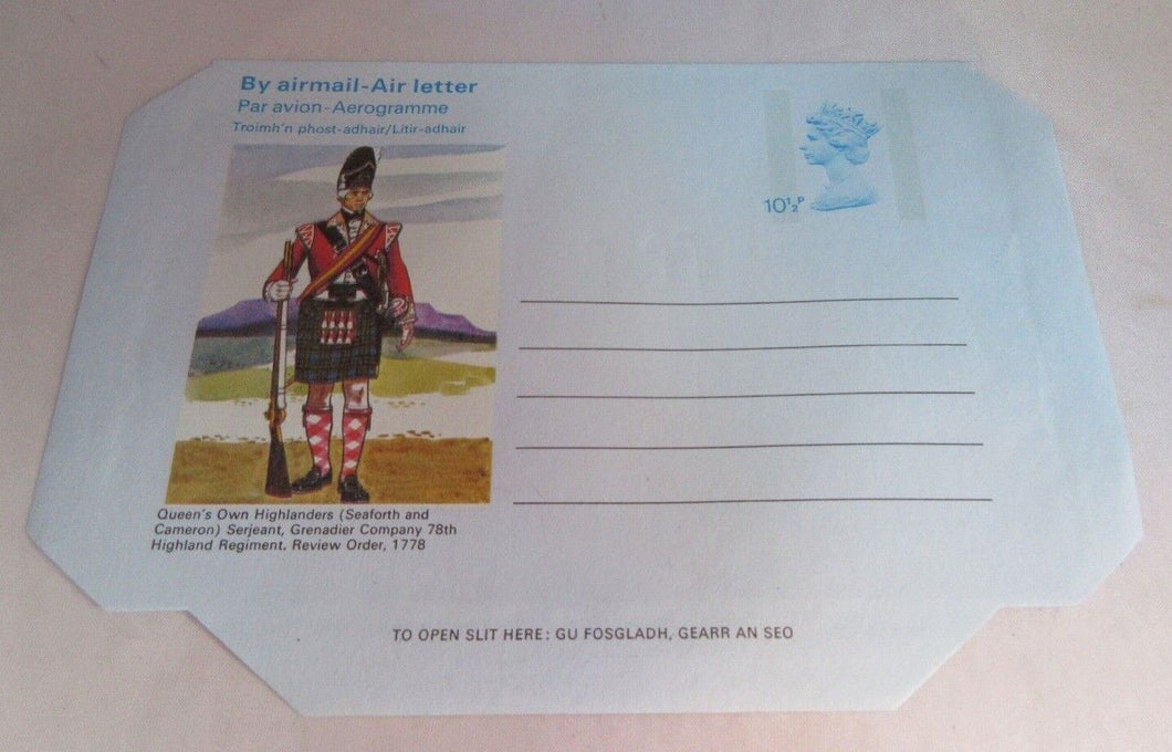 AIR MAIL LETTER QUEENS OWN HIGHLANDERS QUEEN ELIZABETH II 10 1/2p UNUSED