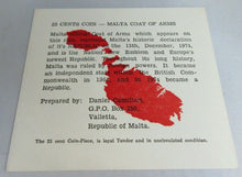 Load image into Gallery viewer, 1975 MALTA COAT OF ARMS FIRST ANNIVERSARY BUNC 25 CENTS COIN WITH INFO CARD
