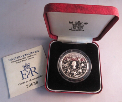 1953-1993 UK QEII CORONATION 40TH ANNIVERSARY SILVER PROOF CROWN BOX & COA