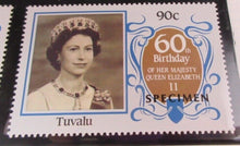 Load image into Gallery viewer, 1986 QUEEN ELIZABETH II 60TH BIRTHDAY MONTSERRAT &amp; TUVALU STAMPS &amp; ALBUM SHEET
