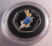 Load image into Gallery viewer, 2017 BEATRIX POTTER PETER RABBIT COLOURIZED SILVER PROOF ROYAL MINT 50p BOX&amp;COA
