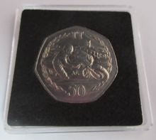 Load image into Gallery viewer, 1983 QEII MANX TT ROAD RACE RON HASLAM MINT MARK AA FIFTY PENCE COIN BOX &amp; COA
