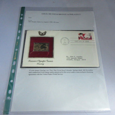 1983 USA SUMMER OLYMPIC GAMES FENCING GOLD PLATED 35C STAMP COVER FDC