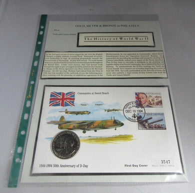 1994 50th ANNIVERSARY OF D-DAY TURKS & CAICOS BUNC 5 CROWN COIN COVER PNC