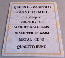 Load image into Gallery viewer, 2019 4 MINUTE MILE QEII BUNC 50P FIFTY PENCE COIN WITH QUAD CAPSULE &amp; COA
