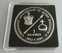 Load image into Gallery viewer, 1993 KINGDOM OF TONGA QEII CORONATION ANNIV SILVER PROOF 1 PAANGA COIN BOX &amp; COA
