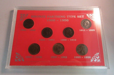 Bronze Farthing Type Set 1860-1956 7 Coins From Victoria to QEII in Perspex Case