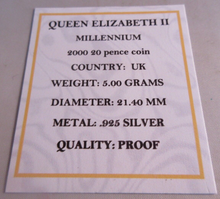 Load image into Gallery viewer, 2000 QEII MILLENNIUM SILVER PROOF TWENTY PENCE 20P COIN BOX &amp; COA
