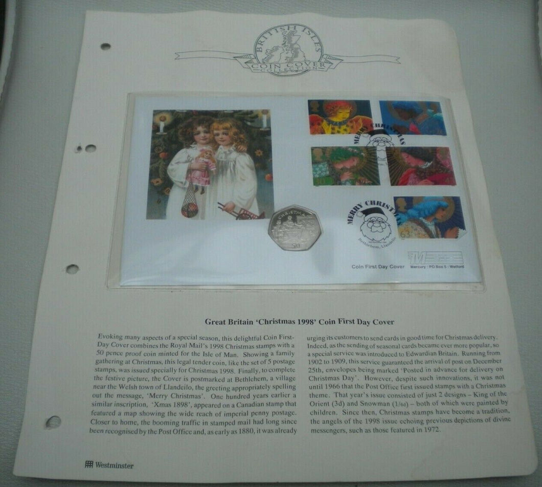 1998 GREAT BRITAIN CHRISTMAS 1998, ISLE OF MAN PROOF 50p COIN/STAMPS/PNC/INFO