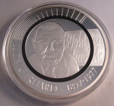 1897-1977 LUDWIG ERHARD  70MM MEDALLION SILVER PLATED PROOF WITH CAPSULE