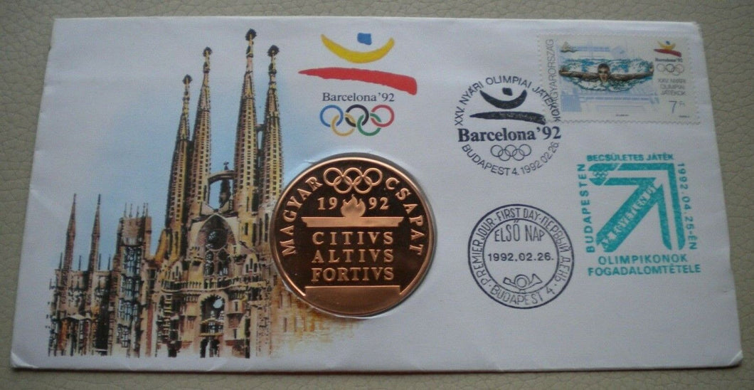 1992 BARCELONA OLYMPICS MEDAL COVER WITH STAMP AND POSTMARK PNC