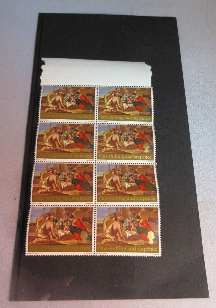 1967 NATIVITY LOUIS LE NAIN BLOCK OF EIGHT ONE SHILLING & SIXPENCE STAMPS MNH