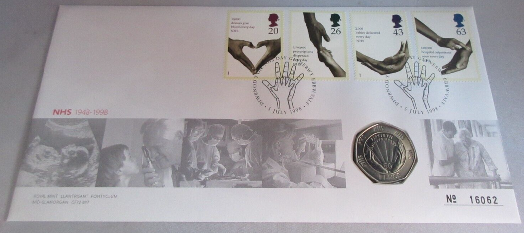 1998 NHS 50TH ANNIVERSARY 50P COIN COVER PNC,STAMPS,& POSTMARK