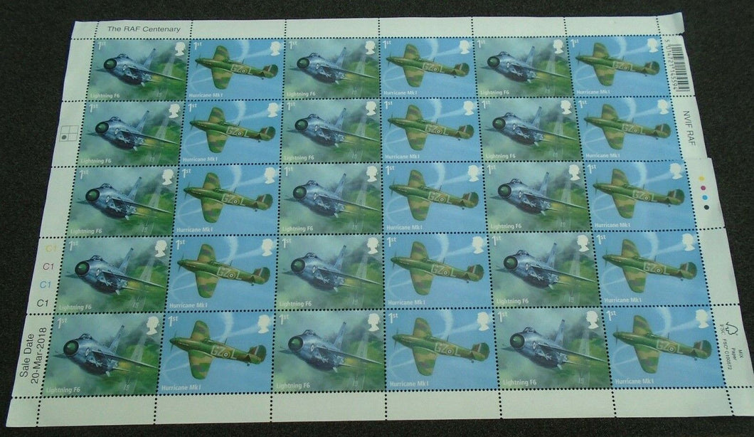 2018 RAF CENTENARY SHEET BARCODE TRAFIC LIGHTS ON MARGIN UMNH GB STAMPS