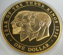 Load image into Gallery viewer, YEAR OF THE THREE KINGS 1936 2007 GOLD PLATED PROOF COOK ISLANDS  $1 COIN
