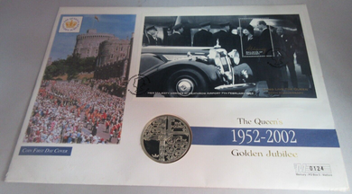 1952-2002 HM THE QUEENS GOLDEN JUBILEE SILVER PROOF/GOLD PLATED £5COIN COVER PNC